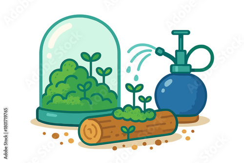 Moss terrarium and plant propagation with mister bottle