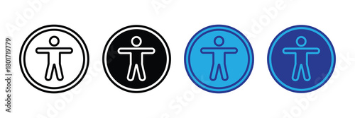 Collection of accessibility icons featuring the international symbol of access in black and white, blue, and dark blue circles against a white background.