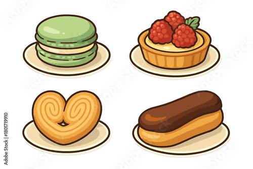 Four classic French pastries arranged on individual serving plates