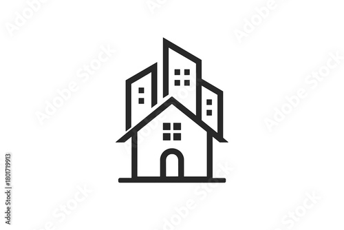 Minimalist outline logo combining house and modern city buildings