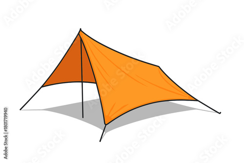 Orange camping tarp shelter with support poles and shadow detail