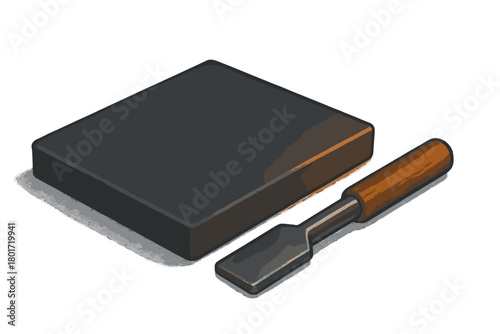 Isometric view of sharpening stone and woodworking chisel tool set