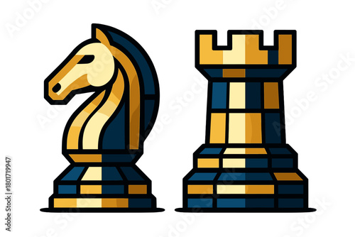 Stylized Chess Knight and Rook Pieces in Blue and Gold Colors