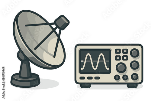 Parabolic satellite dish antenna next to electronic oscilloscope displaying signal