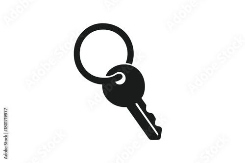 Simple black silhouette of a single house key attached to a keyring