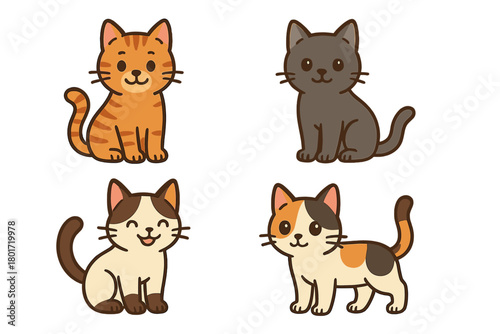 Four cute cartoon cats with various fur colors and expressions