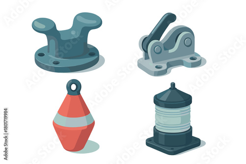 Isometric collection of marine hardware: cleat, latch, buoy, and navigation light