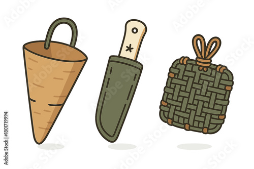 Camping survival gear set with birch bark container knife sheath and woven pouch