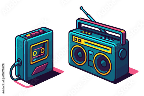 Isometric retro audio devices featuring cassette player and boombox