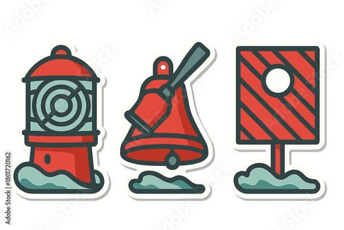 Set of nautical warning signs featuring lighthouse bell and marker icons