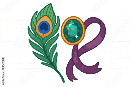 Peacock feather and jewel ribbon emblem design elements