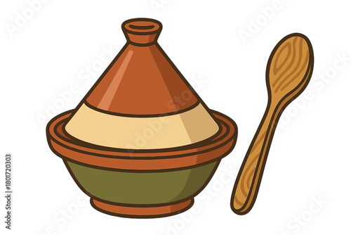 Traditional Moroccan tagine cooking pot with conical lid and wooden spoon