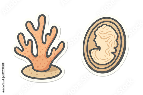 Set of two cute stickers featuring marine coral and a classical cameo profile icon
