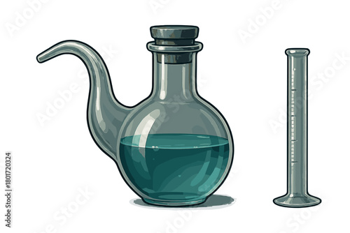 Antique laboratory glassware with measuring cylinder and blue liquid