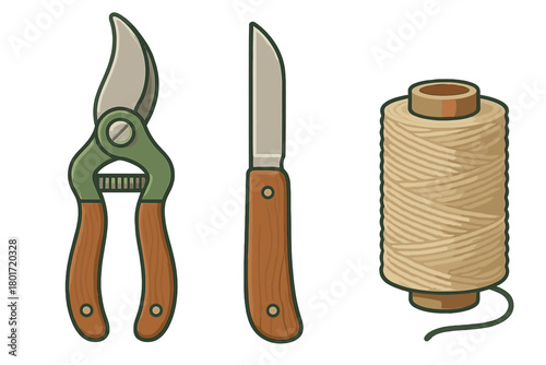 Essential gardening pruning shears knife and twine spool set isolated on white