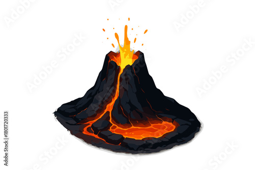 Dramatic volcano erupting with bright orange molten lava flowing down dark rock slopes