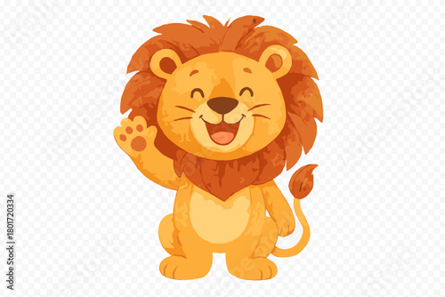 Charming watercolor style lion cub waving hello with big mane