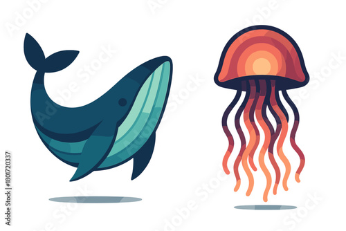 Stylized blue whale and colorful jellyfish swimming together in the ocean depths