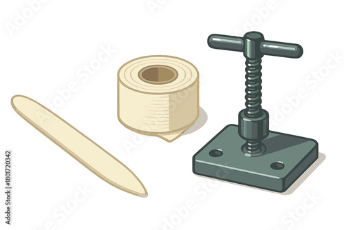 Essential tools for bookbinding, including bone folder, adhesive tape, and small screw press