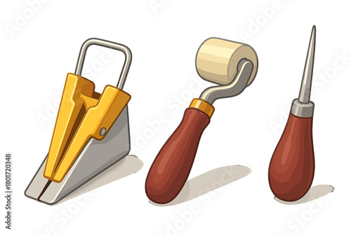 Three essential sewing and leathercraft tools: bias tape maker, roller, and awl