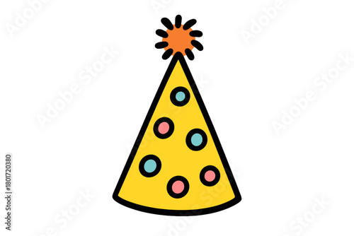 Bright yellow conical party hat with colorful dots and star topper