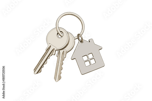 Silver house keys with metal keychain charm isolated on white background