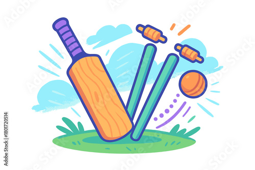 Exciting moment in cricket with bat hitting the wickets and bails flying high