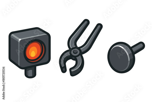 Blacksmithing tools icons set featuring glowing forge and metal tongs