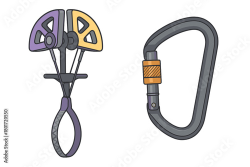 Professional rock climbing safety equipment set including a camming device and a locking carabiner