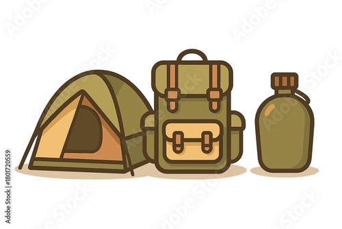 Set of essential camping gear icons including tent backpack and canteen