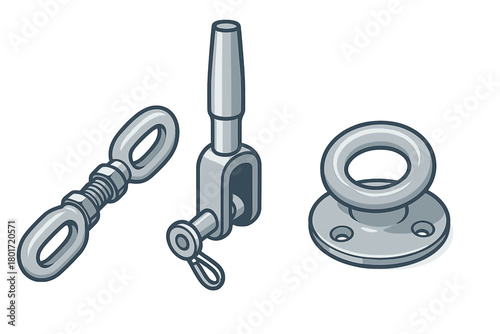 Industrial rigging and fastening hardware components collection in isometric view