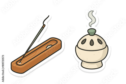 Burning aromatic incense stick in a wooden holder and a traditional ceramic censer with smoke