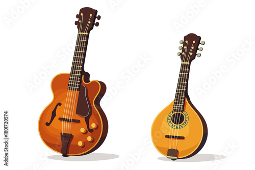 Archtop guitar and round-backed mandolin stringed musical instruments set