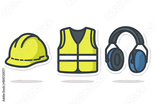 Construction safety gear icons: hard hat, safety vest, and ear protection