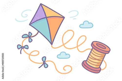 Vibrant diamond kite soaring high with ribbon tails and light clouds