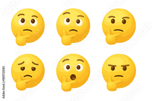 Set of thinking face emojis with various expressions and hand gestures