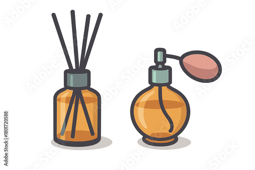 Aroma diffuser and vintage perfume atomizer set icons