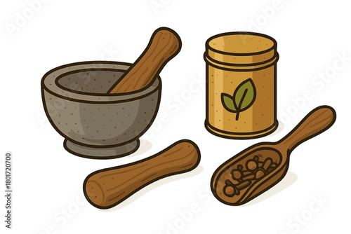 Stone mortar pestle wooden scoop and spice jar with cloves