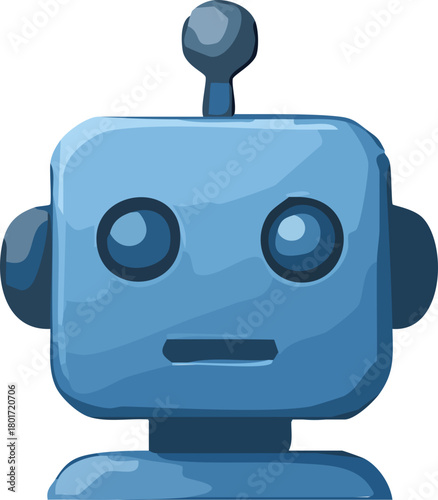A cute blue robot icon with round eyes, a small antenna, and a simple friendly expression illustrated in a soft, stylized 3D design.