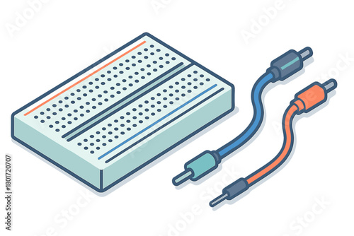 Electronic breadboard for circuit prototyping featuring colorful jumper wires and connectors