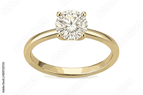 Classic yellow gold solitaire engagement ring with brilliant cut diamond gemstone on white background