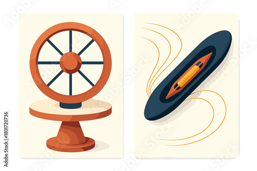 Abstract composition of ship steering wheel and textile weaving shuttle