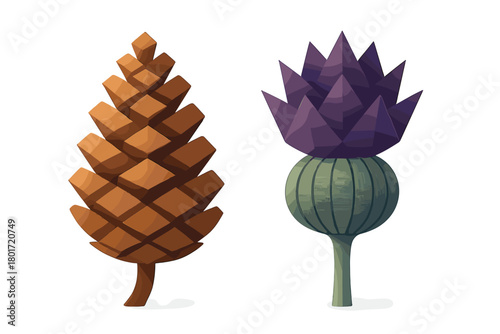 Geometric paper craft pine cone and Scottish thistle flower on white background