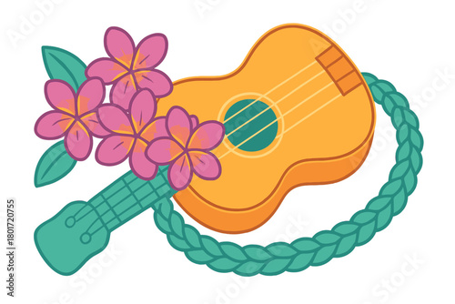 Hawaiian ukulele decorated with plumeria flowers and lei