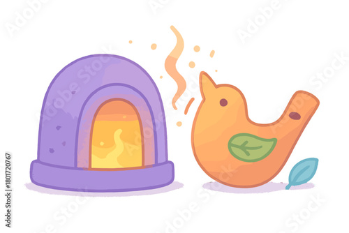 Stylized purple oven with glowing fire next to a cute orange bird whistle or cookie