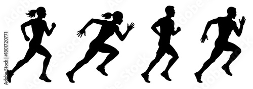 Running man and woman silhouettes set. Male and female runners figure shapes. Bare and naked slim healthy people work out