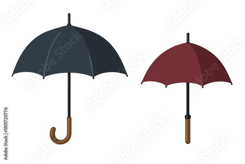 Classic open umbrellas in dark blue and maroon colors ready for rainy weather protection