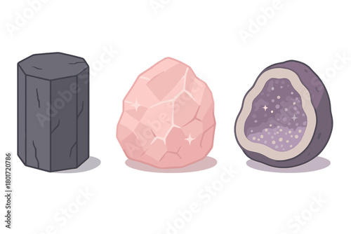 Three stylized natural mineral specimens: dark rock, pink crystal, and purple geode cross section