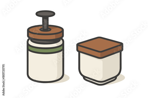 Minimalist isometric pump dispenser bottle and square storage jar with a wood top