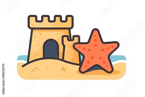 Sandcastle and starfish on tropical beach shore icon design